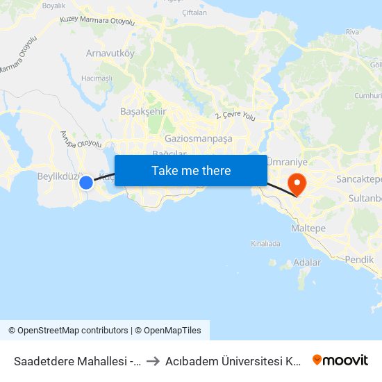 Saadetdere Mahallesi - Büyükçekmece Yönü to Acıbadem Üniversitesi Kerem Aydınlar Yerleşkesi map