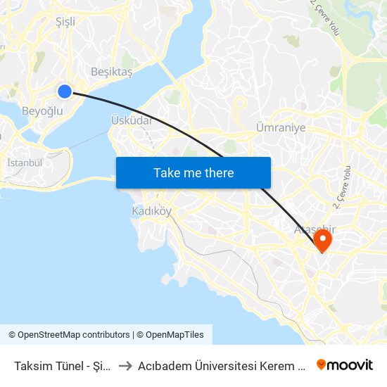 Taksim Tünel  - Şişhane Yönü to Acıbadem Üniversitesi Kerem Aydınlar Yerleşkesi map