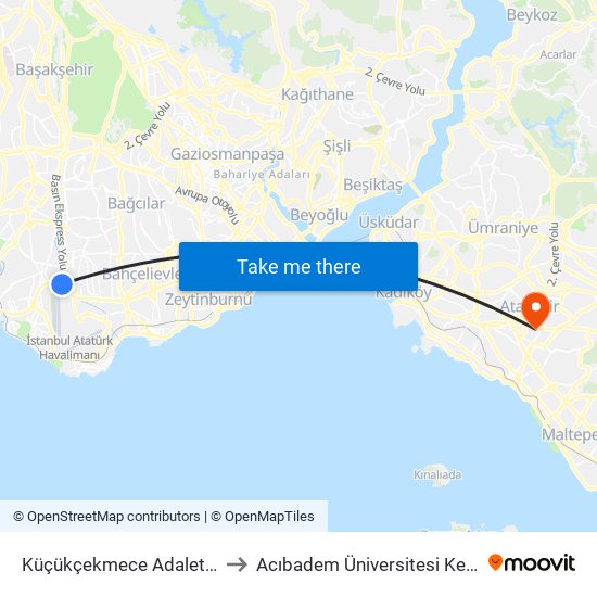 Küçükçekmece Adalet Sarayi - Avcilar Yönü to Acıbadem Üniversitesi Kerem Aydınlar Yerleşkesi map