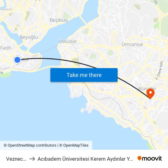 Vezneciler to Acıbadem Üniversitesi Kerem Aydınlar Yerleşkesi map