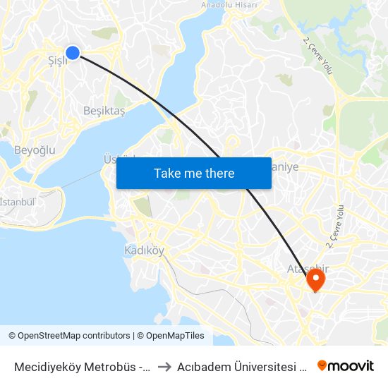 Mecidiyeköy Metrobüs - 92ş-E58-33m-33tm Yönü to Acıbadem Üniversitesi Kerem Aydınlar Yerleşkesi map