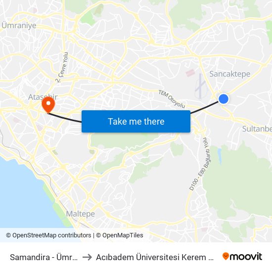 Samandira - Ümraniye Yönü to Acıbadem Üniversitesi Kerem Aydınlar Yerleşkesi map