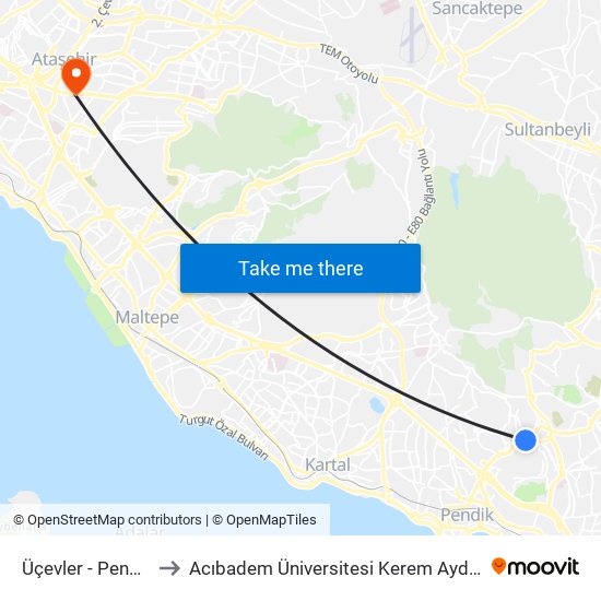 Üçevler - Pendik Yönü to Acıbadem Üniversitesi Kerem Aydınlar Yerleşkesi map