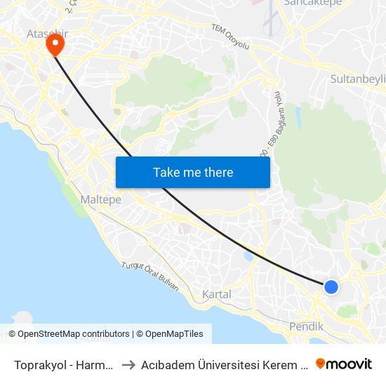 Toprakyol - Harmandere Yönü to Acıbadem Üniversitesi Kerem Aydınlar Yerleşkesi map