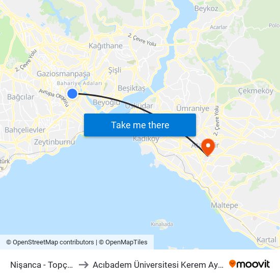 Nişanca - Topçular Yönü to Acıbadem Üniversitesi Kerem Aydınlar Yerleşkesi map