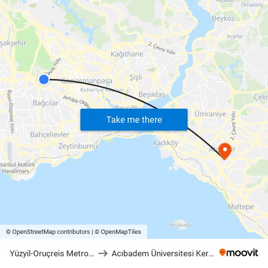 Yüzyil-Oruçreis Metro - Turgut Reis Yönü to Acıbadem Üniversitesi Kerem Aydınlar Yerleşkesi map