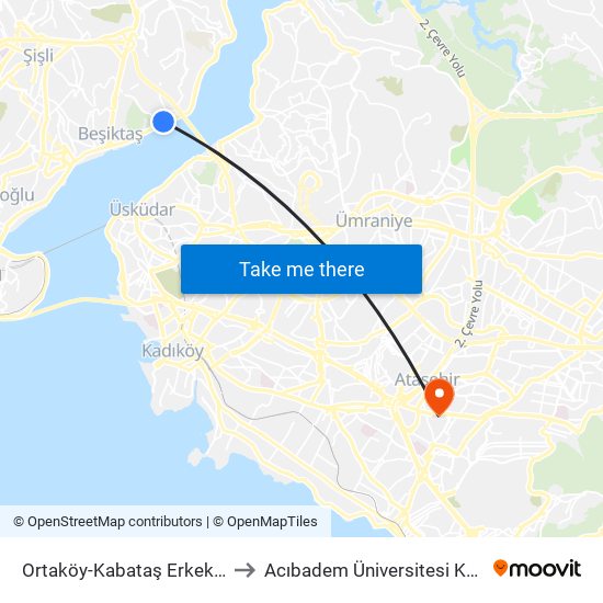 Ortaköy-Kabataş Erkek Lisesi - Besiktas Yönü to Acıbadem Üniversitesi Kerem Aydınlar Yerleşkesi map