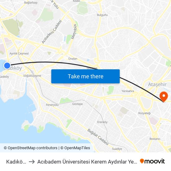 Kadıköy 2 to Acıbadem Üniversitesi Kerem Aydınlar Yerleşkesi map