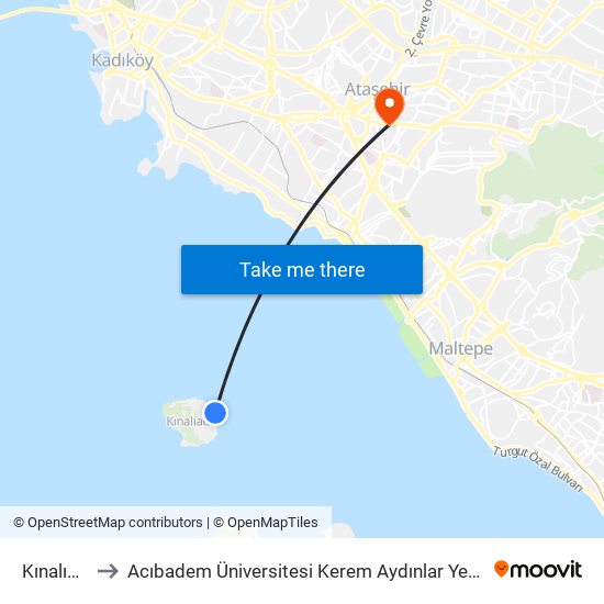 Kınalıada to Acıbadem Üniversitesi Kerem Aydınlar Yerleşkesi map