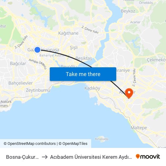 Bosna-Çukurçeşme to Acıbadem Üniversitesi Kerem Aydınlar Yerleşkesi map