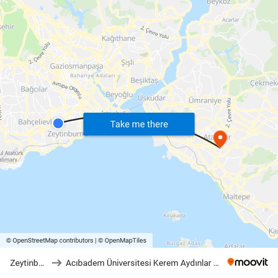 Zeytinburnu to Acıbadem Üniversitesi Kerem Aydınlar Yerleşkesi map