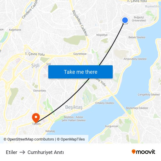 Etiler to Cumhuriyet Anıtı map
