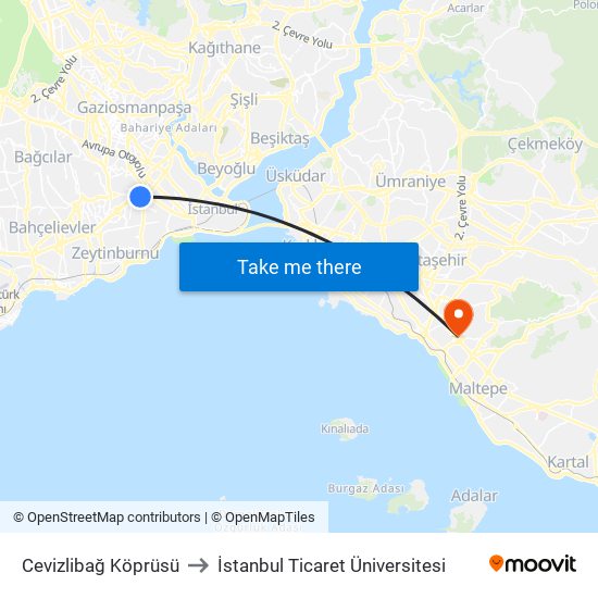 Cevizlibağ Köprüsü to İstanbul Ticaret Üniversitesi map