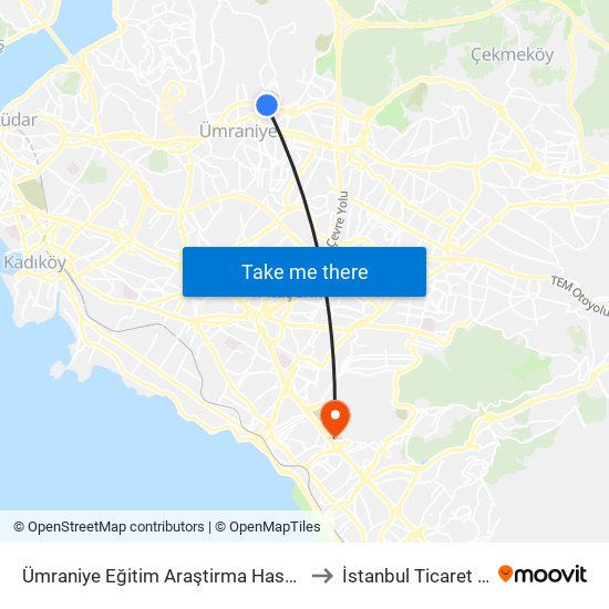 Ümraniye Eğitim Araştirma Hastanesi - Üsküdar Yönü to İstanbul Ticaret Üniversitesi map