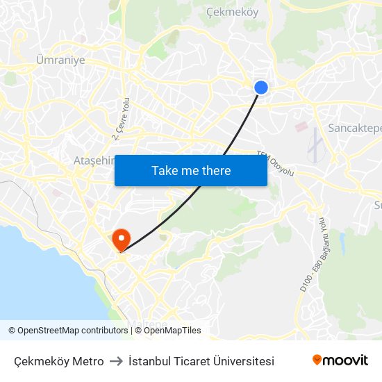 Çekmeköy Metro to İstanbul Ticaret Üniversitesi map