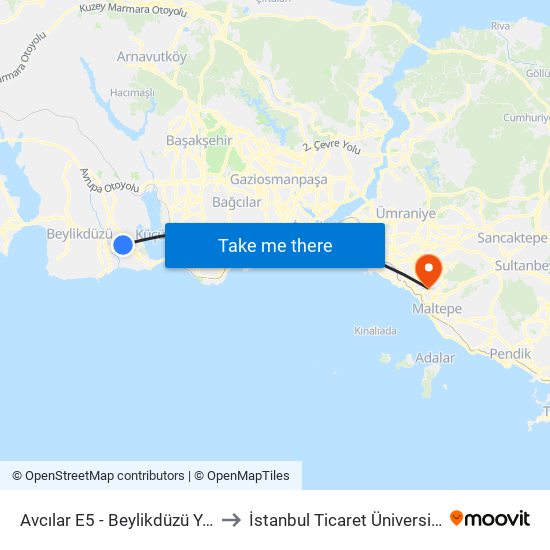 Avcılar E5 - Beylikdüzü Yönü to İstanbul Ticaret Üniversitesi map