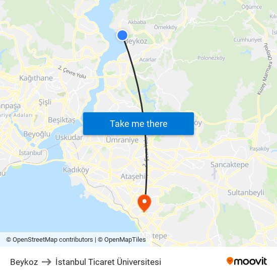 Beykoz to İstanbul Ticaret Üniversitesi map