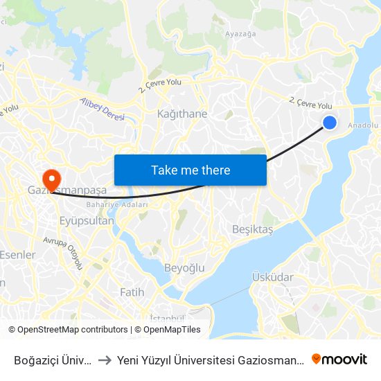 Boğaziçi Üniversitesi to Yeni Yüzyıl Üniversitesi Gaziosmanpaşa Hastanesi map