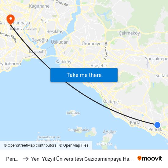 Pendik to Yeni Yüzyıl Üniversitesi Gaziosmanpaşa Hastanesi map
