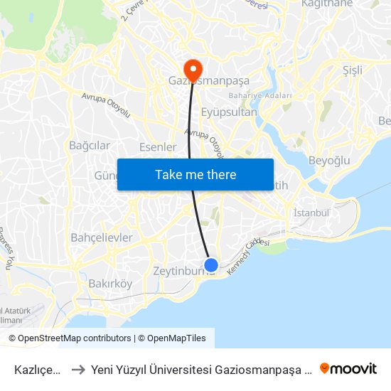 Kazlıçeşme to Yeni Yüzyıl Üniversitesi Gaziosmanpaşa Hastanesi map