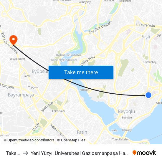 Taksim to Yeni Yüzyıl Üniversitesi Gaziosmanpaşa Hastanesi map