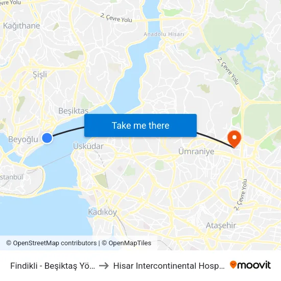 Fındıklı - Beşiktaş Yönü to Hisar Intercontinental Hospital map