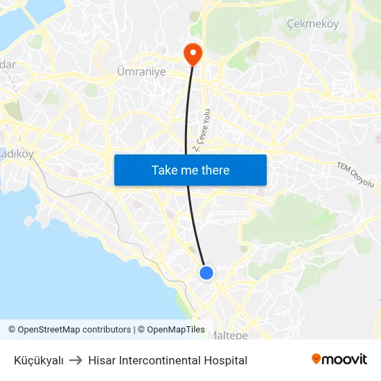 Küçükyalı to Hisar Intercontinental Hospital map