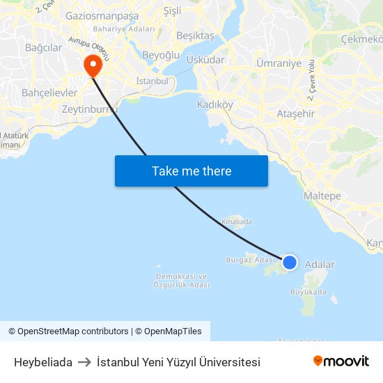 Heybeliada to İstanbul Yeni Yüzyıl Üniversitesi map