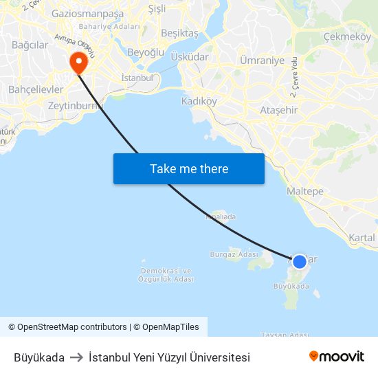 Büyükada to İstanbul Yeni Yüzyıl Üniversitesi map