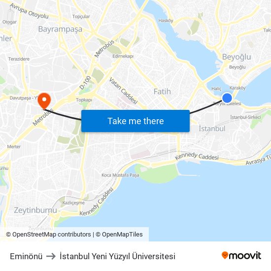 Eminönü to İstanbul Yeni Yüzyıl Üniversitesi map