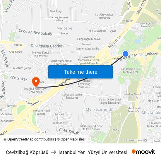 Cevizlibağ Köprüsü to İstanbul Yeni Yüzyıl Üniversitesi map