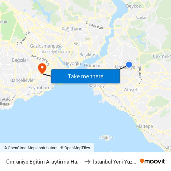 Ümraniye Eğitim Araştirma Hastanesi - Üsküdar Yönü to İstanbul Yeni Yüzyıl Üniversitesi map