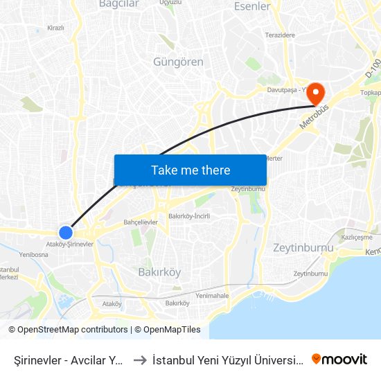 Şirinevler - Avcilar Yönü to İstanbul Yeni Yüzyıl Üniversitesi map