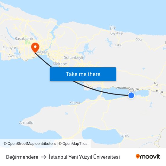 Değirmendere to İstanbul Yeni Yüzyıl Üniversitesi map