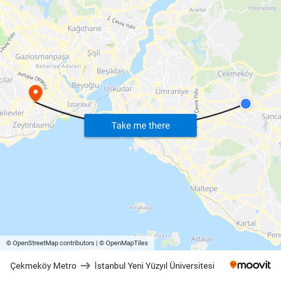 Çekmeköy Metro to İstanbul Yeni Yüzyıl Üniversitesi map