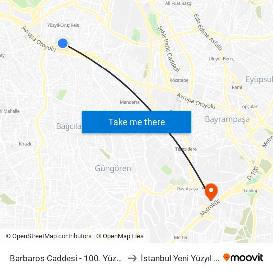 Barbaros Caddesi - 100. Yüzyıl Köprüsü Yönü to İstanbul Yeni Yüzyıl Üniversitesi map