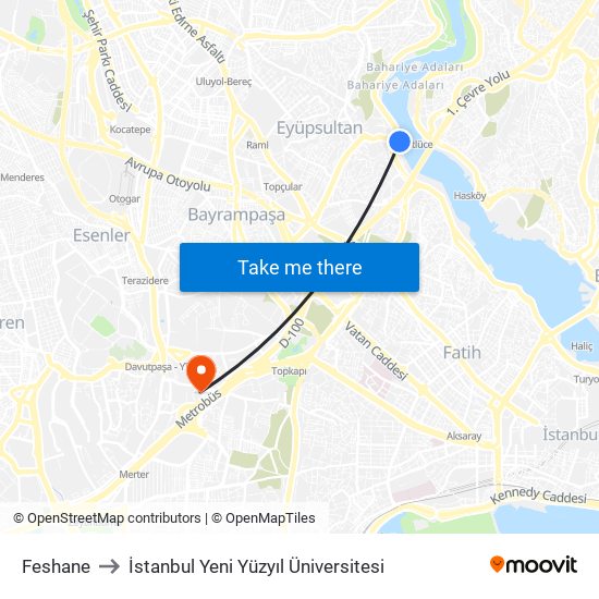 Feshane to İstanbul Yeni Yüzyıl Üniversitesi map
