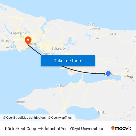 Körfezkent  Çarşı to İstanbul Yeni Yüzyıl Üniversitesi map