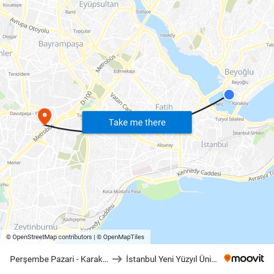 Perşembe Pazari - Karaköy Yönü to İstanbul Yeni Yüzyıl Üniversitesi map