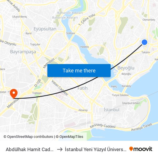 Abdülhak Hamit Caddesi to İstanbul Yeni Yüzyıl Üniversitesi map