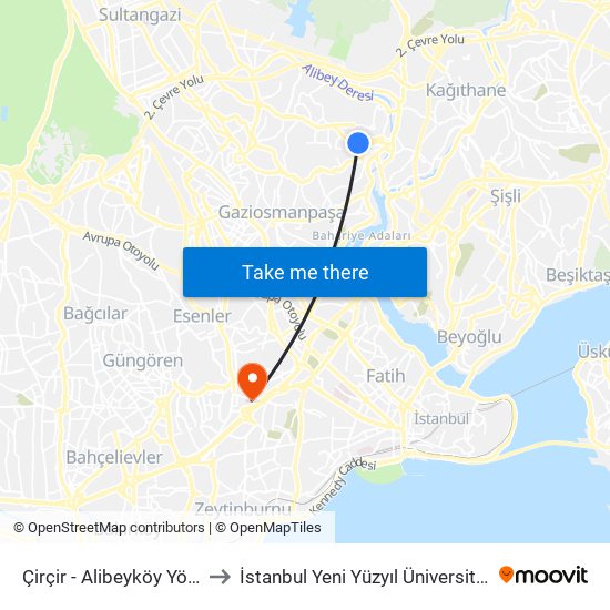 Çirçir - Alibeyköy Yönü to İstanbul Yeni Yüzyıl Üniversitesi map