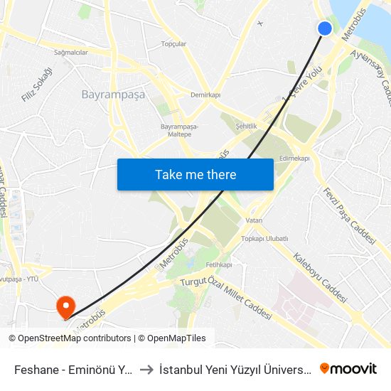 Feshane - Eminönü Yönü to İstanbul Yeni Yüzyıl Üniversitesi map