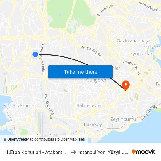 1.Etap Konutlari - Atakent 2.Etap Yönü to İstanbul Yeni Yüzyıl Üniversitesi map