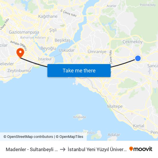 Madenler - Sultanbeyli Yönü to İstanbul Yeni Yüzyıl Üniversitesi map