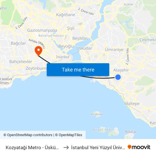 Kozyataği Metro - Üsküdar Yönü to İstanbul Yeni Yüzyıl Üniversitesi map