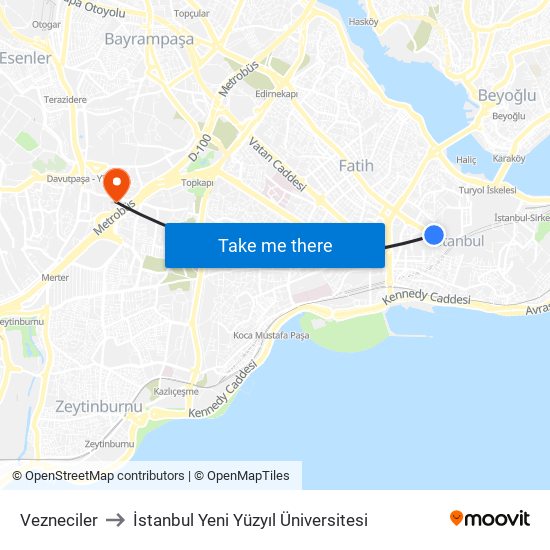 Vezneciler to İstanbul Yeni Yüzyıl Üniversitesi map
