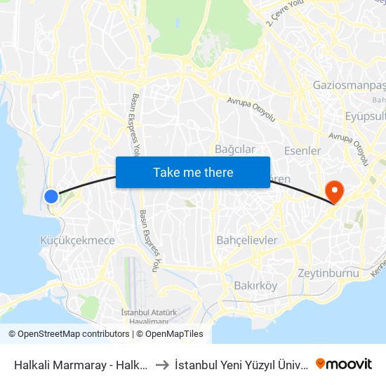 Halkali Marmaray - Halkali Yönü to İstanbul Yeni Yüzyıl Üniversitesi map