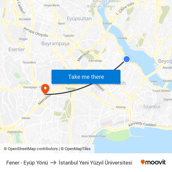Fener - Eyüp Yönü to İstanbul Yeni Yüzyıl Üniversitesi map