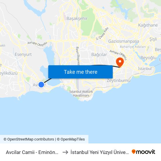 Avcilar Camii - Eminönü Yönü to İstanbul Yeni Yüzyıl Üniversitesi map