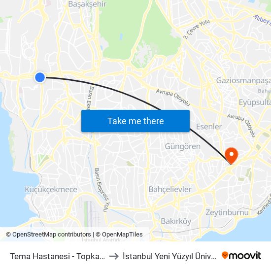 Tema Hastanesi - Topkapi Yönü to İstanbul Yeni Yüzyıl Üniversitesi map